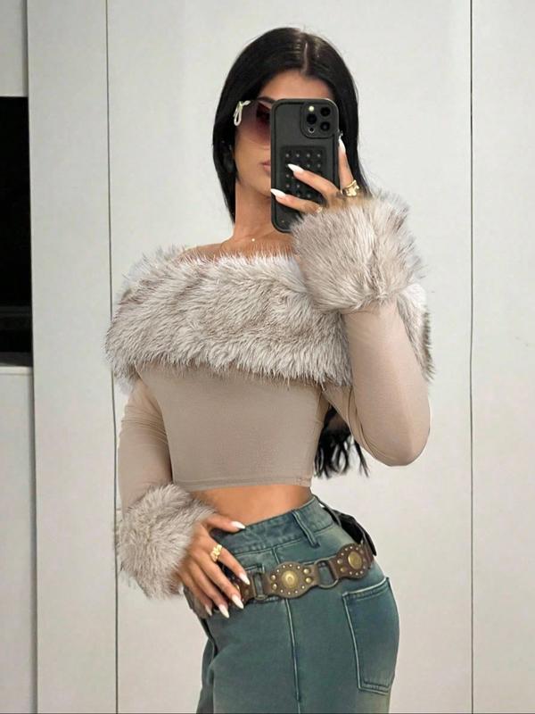 Fluffy Collar Spliced Shoulder Long Sleeve T-Shirt, Fashionable and Elegant, Perfect for Autumn Winter Seasons, Women's Casual Top