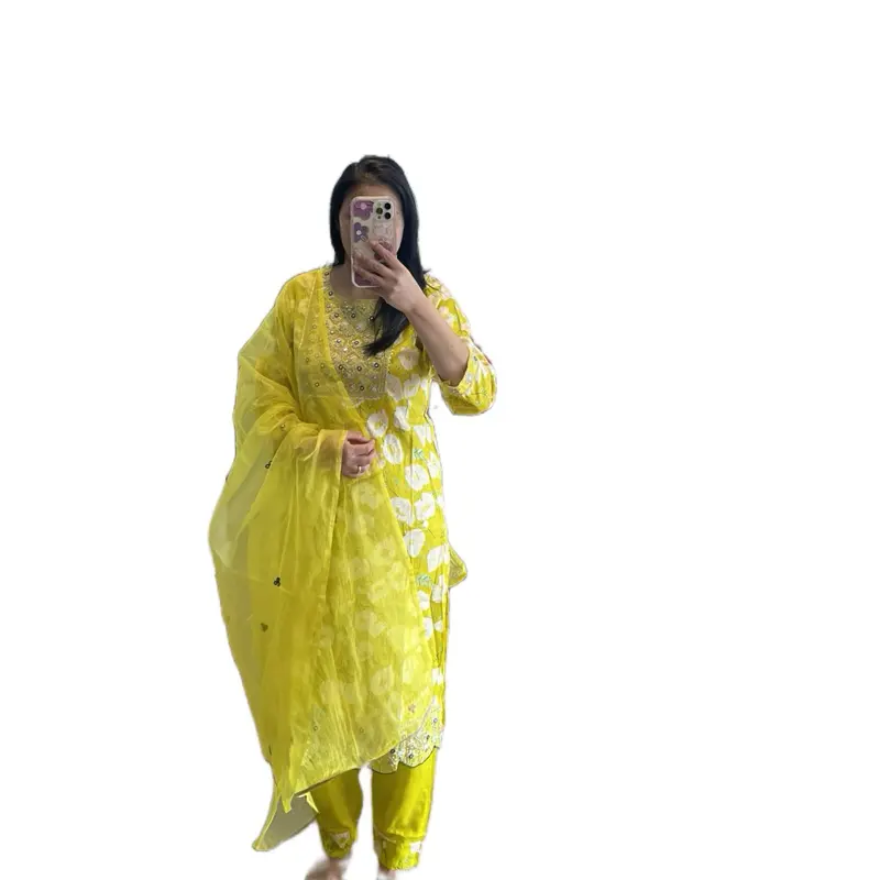 Women's Salwar Kameez Set, 3-Piece Elegant Ethnic Wear in Lime Green Rayon, Traditional Indian Attire with Lace Detail Bottom & Dupatta, Kurtha Set, Matching