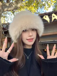 Women's Faux Fur Mongolian Hat Winter Thickened Plush Fisherman Hat Windproof Coldproof Warm Bucket Hat Face Slimming