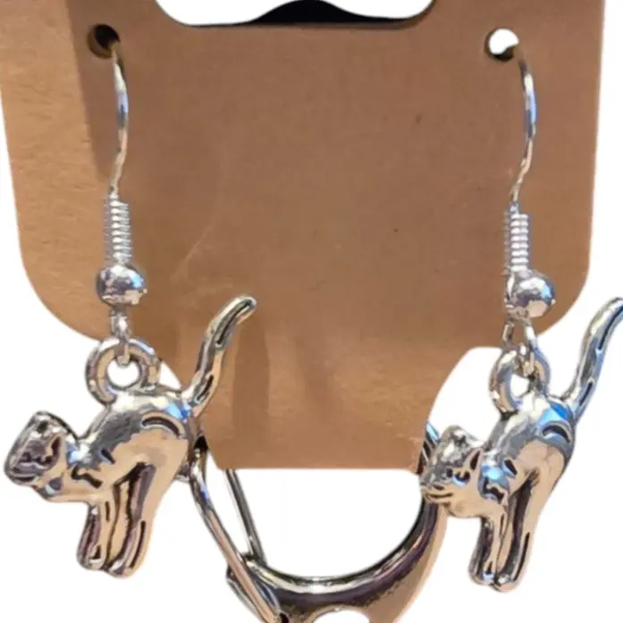 Silver Cat Hook Earrings, with Keychain