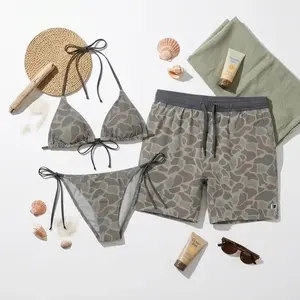 Grey Camo Couple Swimsuit Collection - Aesthetic Camouflage Triangle Bikini & Swim Trunks Set, Men's Beach Shorts, Summer Vacation Hawaiian Swimwear