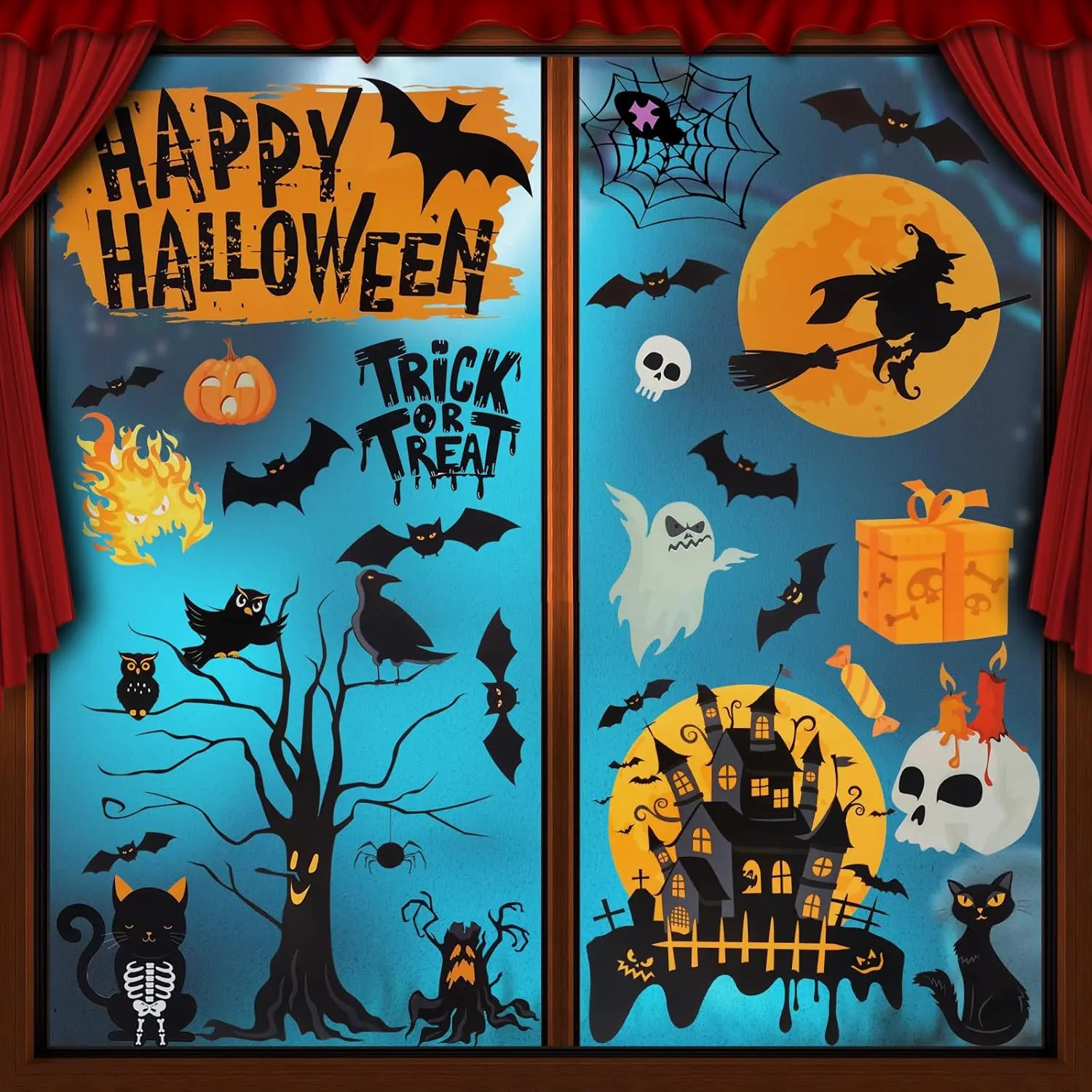 Halloween Window Clings 6 Sheets Halloween Window Stickers  with Ghost, Spider,  & Haunted House for Glass, Fridge & Smooth Surfaces Spooky Holiday Decorations Gifts