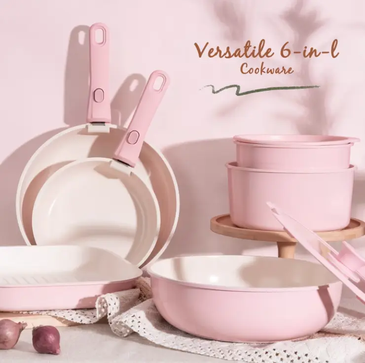Tasty Clean Ceramic 16 Piece Non-Stick Aluminum Cookware Set, Pink