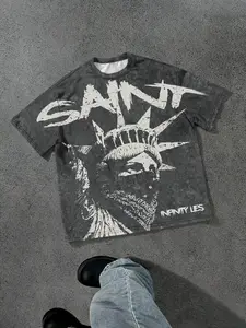 Summer Men's Streetwear T-Shirt with Vintage Print Effect, Statue of Liberty SAINT Graffiti Graphic Tee, Perfect for Streetwear / Music Festival / Hip Hop Outfit