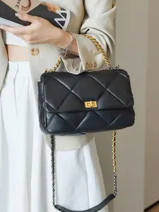 Classic Quilted Chain Strap Handbag, Soft Leather Shoulder Crossbody Bag with Flip Closure, New Elegant Small Square Purse