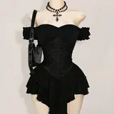 Women's Halloween Gothic Off-Shoulder Chiffon A-Line Mini Dress Costume, Ruched Jacquard Waist, Ruffle Trim, Dark Romantic Spooky Party Outfit
