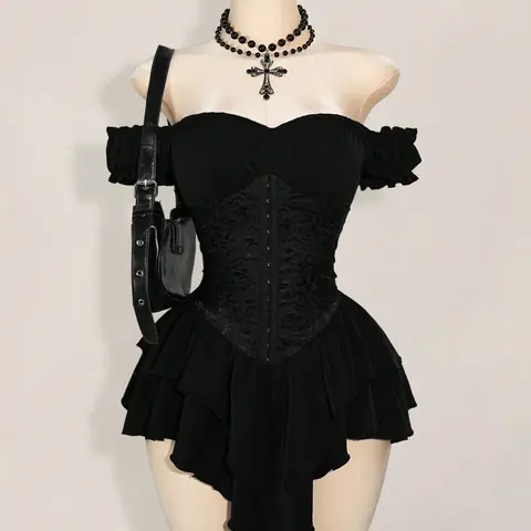 Women's Halloween Gothic Off-Shoulder Chiffon A-Line Mini Dress Costume, Ruched Jacquard Waist, Ruffle Trim, Dark Romantic Spooky Party Outfit