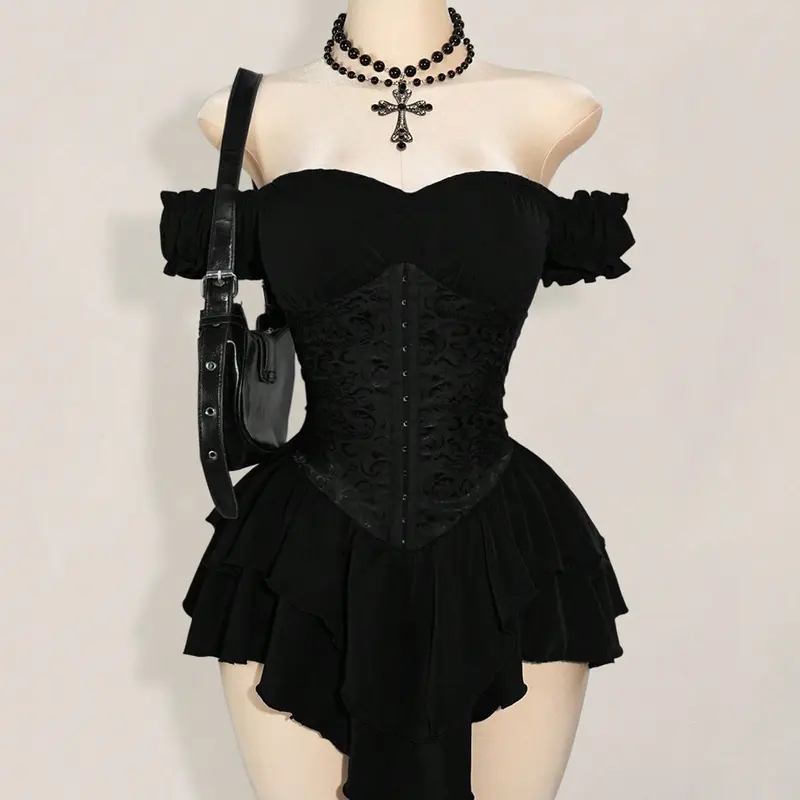 Women's Halloween Gothic Off-Shoulder Chiffon A-Line Mini Dress Costume, Ruched Jacquard Waist, Ruffle Trim, Dark Romantic Spooky Party Outfit