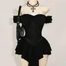 Women's Halloween Gothic Off-Shoulder Chiffon A-Line Mini Dress Costume, Ruched Jacquard Waist, Ruffle Trim, Dark Romantic Spooky Party Outfit