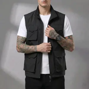 Men’s solid-color multi-pocket zip-up vest—loose, casual, multifunctional outdoor vest for spring and summer; black everyday wear; fishing vest; mountaineering vest; camping vest