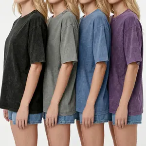 OVELA Vintage Acid Wash Cotton T-Shirt Women Crew Neck Loose Fit Short Sleeve Summer Casual Streetwear Solid Basic Tee Comfortable Unisex Top