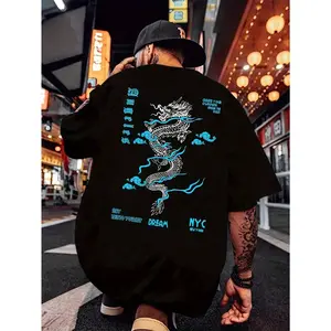 Comfy Casual Dragon Print Short Sleeve T-Shirts - Elastic Crew Neck Tops for Men's Outdoor Activities Streetwear Cotton