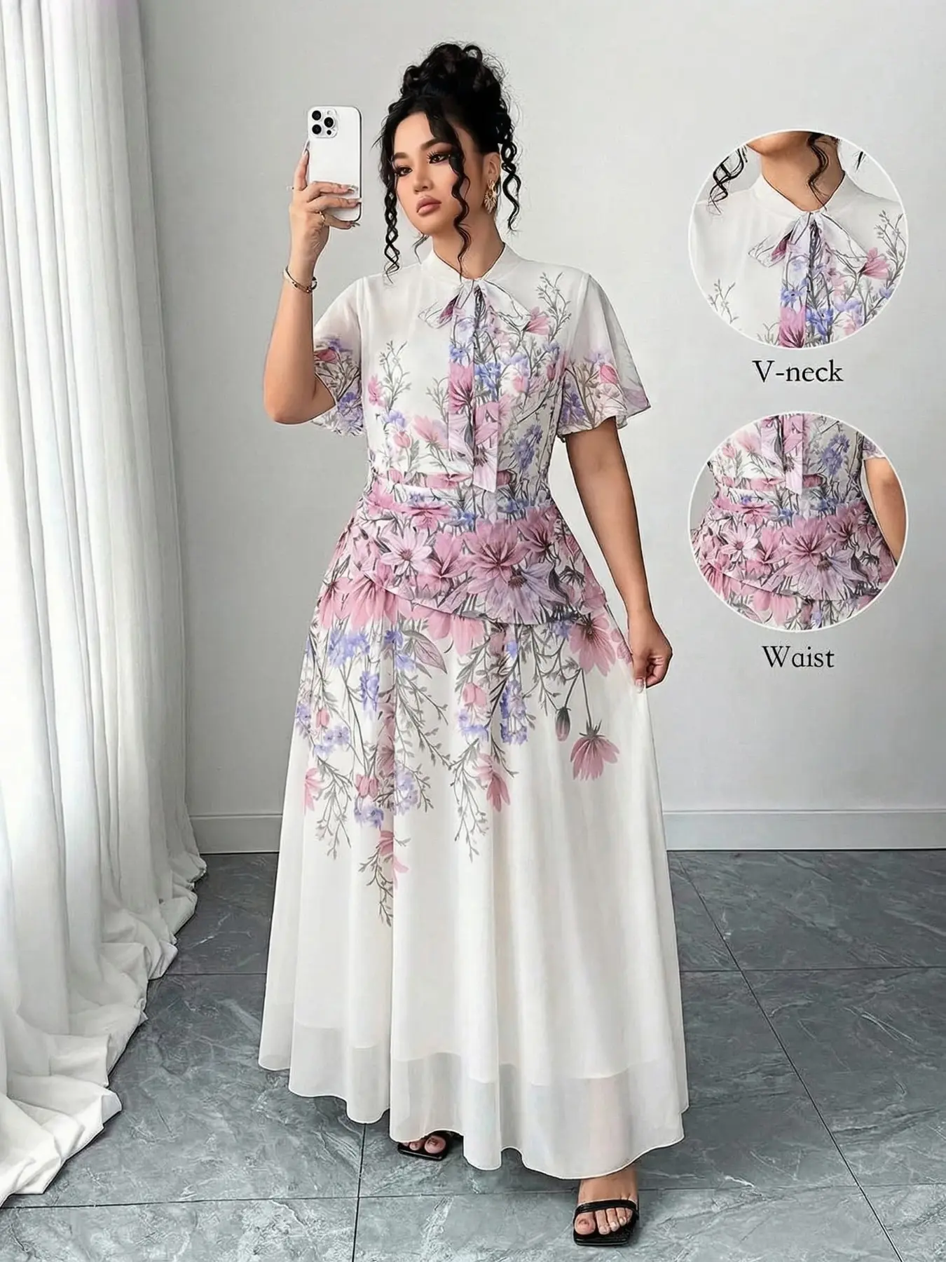 knee length dresses for ladies Berylove Women Pink Flower Pleated A Line Wedding Party Guest Dress with Slit Floral Print Maxi Dress, Pink Flower / XL