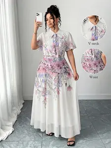 Women's Elegant Feminine Floral Printed Ruffled Dress, Loose Fit High Waist, Bow Tie Neckline, Fashionable Casual & Formal Wear