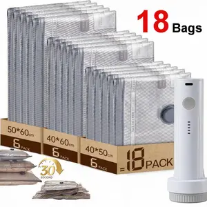 9/18 Travel Vacuum Bag Set with USB Rechargeable Electric Pump Ultra Compact Lightweight Space Saver for Clothing and Travel Essentials Zipper Bag Outdoor Packaging Luggage Compression Bag Organizer 18 Pack