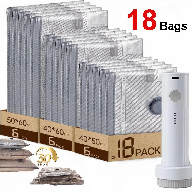 9/18 Travel Vacuum Bag Set with USB Rechargeable Electric Pump Ultra Compact Lightweight Space Saver for Clothing and Travel Essentials Zipper Bag Outdoor Packaging Luggage Compression Bag Organizer 18 Pack