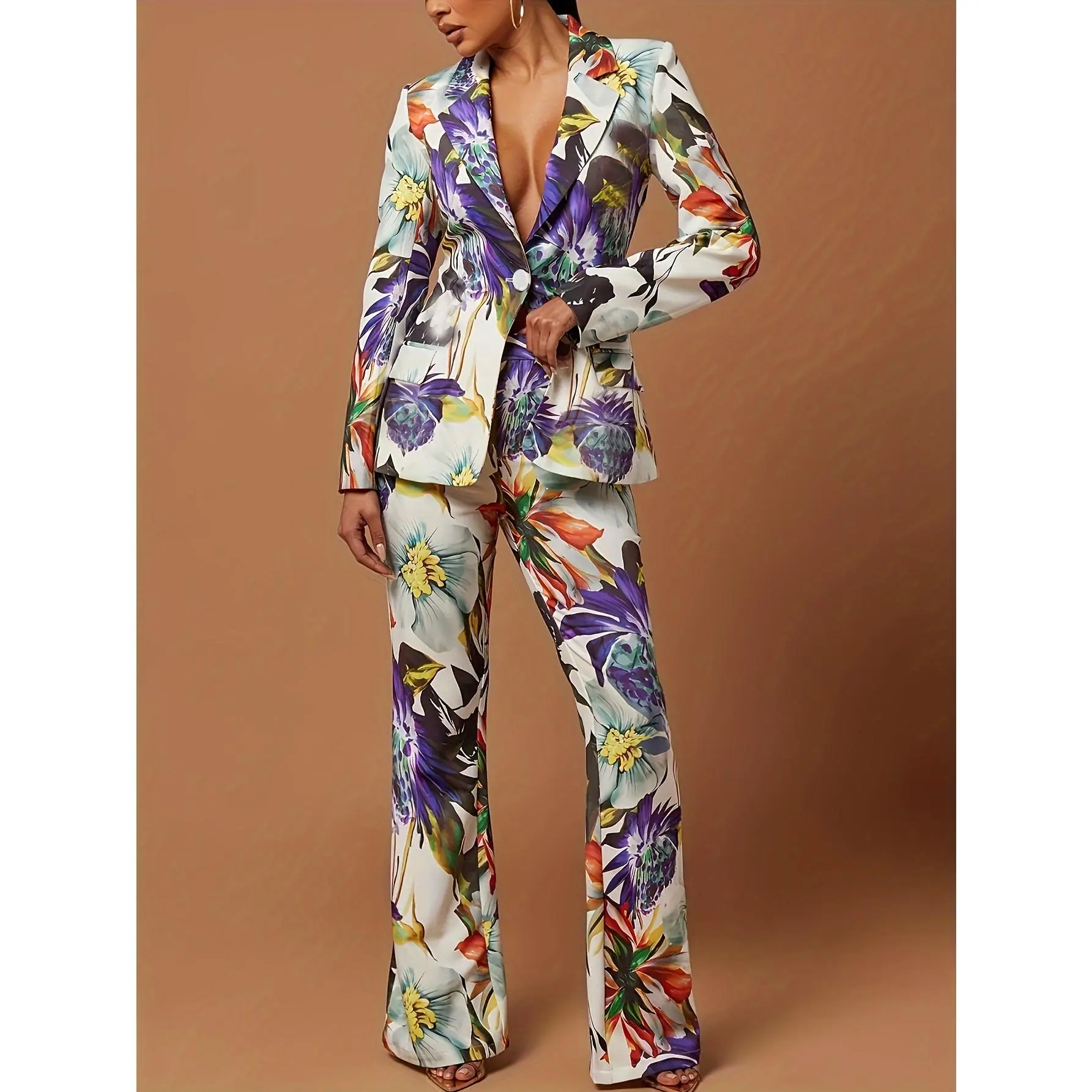 Women's 2-Piece Mixed Color Elegant Polyester Pantsuit Set - Long Sleeve Single-Button Lapel Blazer, High Waist Flare Leg Fitted Pants, Floral, No, Normal Type, Regular