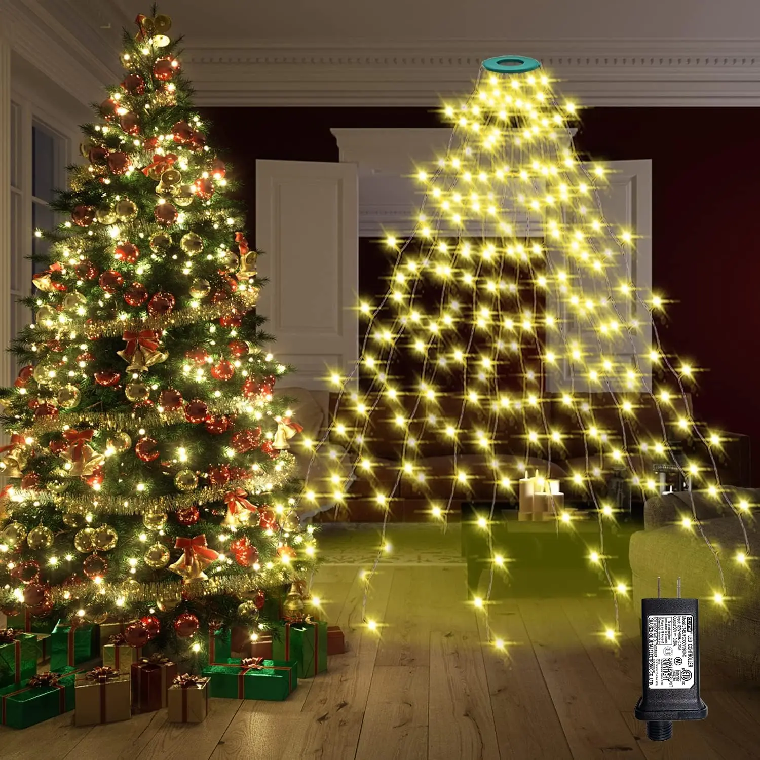Christmas Tree Lights with Ring, 8.2Ft 16 Line 448 LED Fairy String Lights Plug in, 8 Lighting Modes, for Indoor Outdoor Xmas Tree Wedding Party Decoration