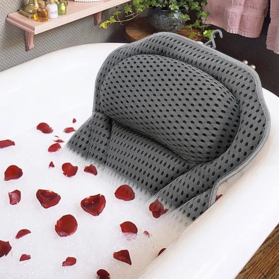 Non-Slip Bathtub Pillow with Head and Neck Support, Suction Cups, Quick-Drying Mesh Fabric, Hanging Hook, Massage Bath Tub Accessory, Bathroom Accessories