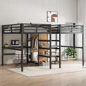 Double Twin Size Loft Bed Heavy-Duty Metal Loft Bed with Double Desk and Wardrobe and Shelves with Electrical Outlet for Space Saving and Noise Free, Black