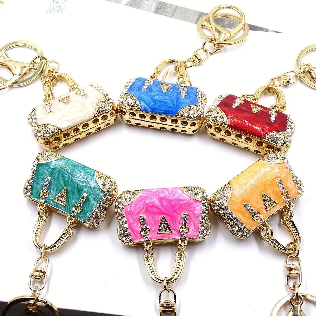 Women's Mini Tote Enamel Keychain - Sparkling Rhinestone Decorated, Circular Ring, Dangle, Glamorous Bag Charm Keychain for Wallet, Backpack, Car (Gift Option), Circular Ring Keychains, Dangle Keychains