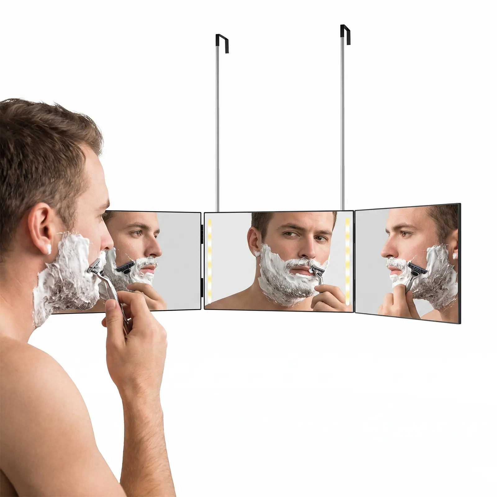 3 Way Mirror for Hair Cutting, Trifold Barber Mirror with LED-360 Mirror with Height Adjustable Hooks for Door, Bathroom, Portable Trifold Shaving Barber Mirror for Makeup, Cut, Trim, Shave Gift