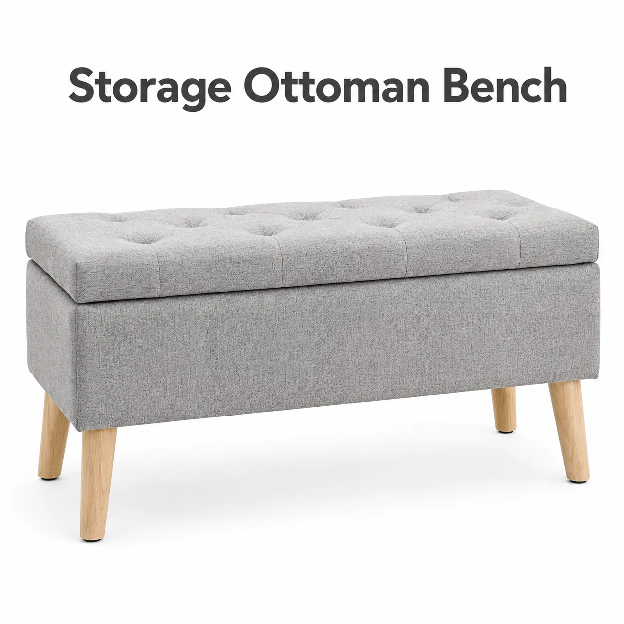 Gray Upholstered Storage Ottoman Bench with Lift-Top Hidden Storage, Button Tufted Padded Seat and Wood-Tone Legs, Rectangular Fabric Footrest Bench for Home Organization