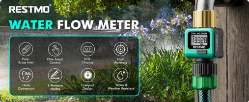 RESTMO Water Flow Meter with Brass Inlet Metal Thread, Measure Gallon/Liter Consumption and Flow Rate for Outdoor Garden Hose Watering, RV Water Tank Filling, Lawn Sprinkler and Nozzle Sprayer