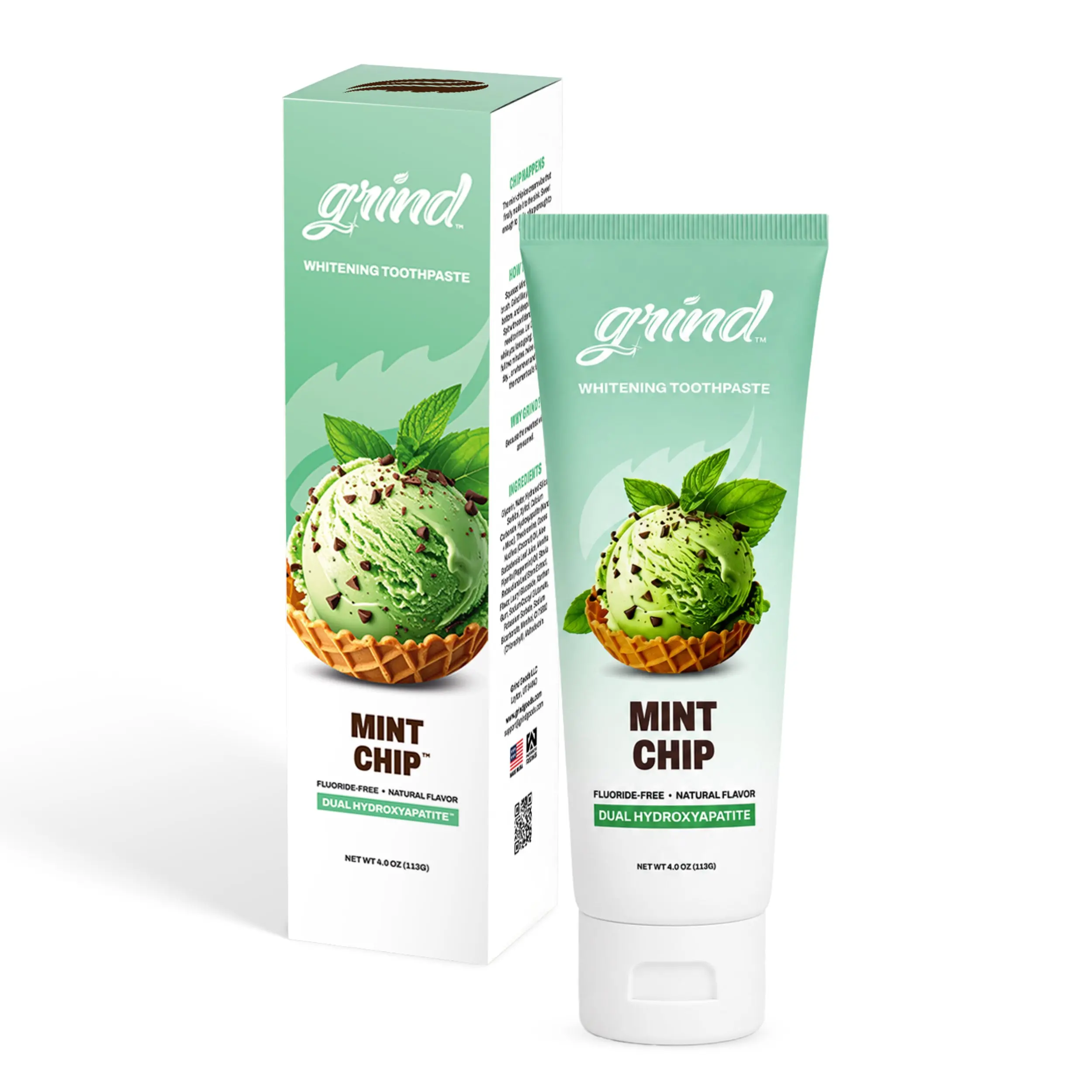 Grind Mint Chip Fluoride-Free Toothpaste, Dual Micro-Nano Hydroxyapatite Whitening Formula, Mint Chocolate Chip Flavor, Gentle for Sensitive Teeth, 4 oz