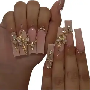 24pcs champagne luxury full coverage pressure nails with 3D Golden butterflies and, glossy polishing, suitable for Women's rectangular fake nails, suitable for parties and dances, easy to apply and remove makeup.