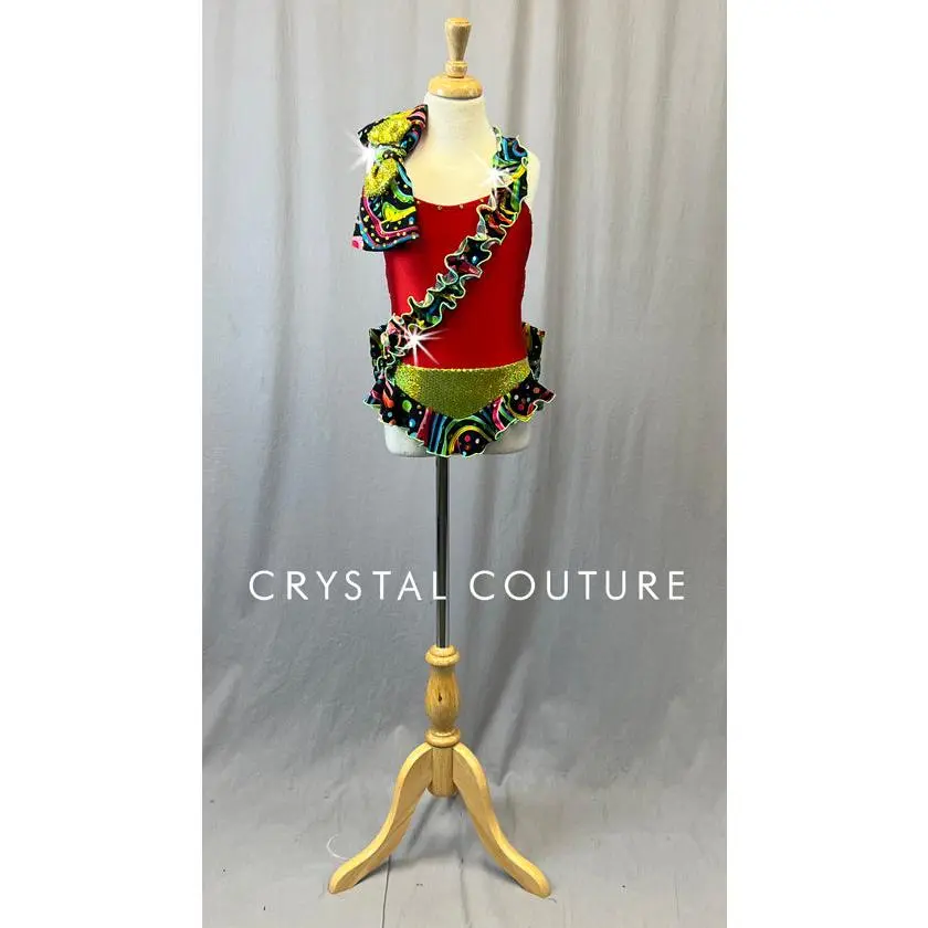 Red Leotard with Multicolor Ruffles & Bow - Rhinestones