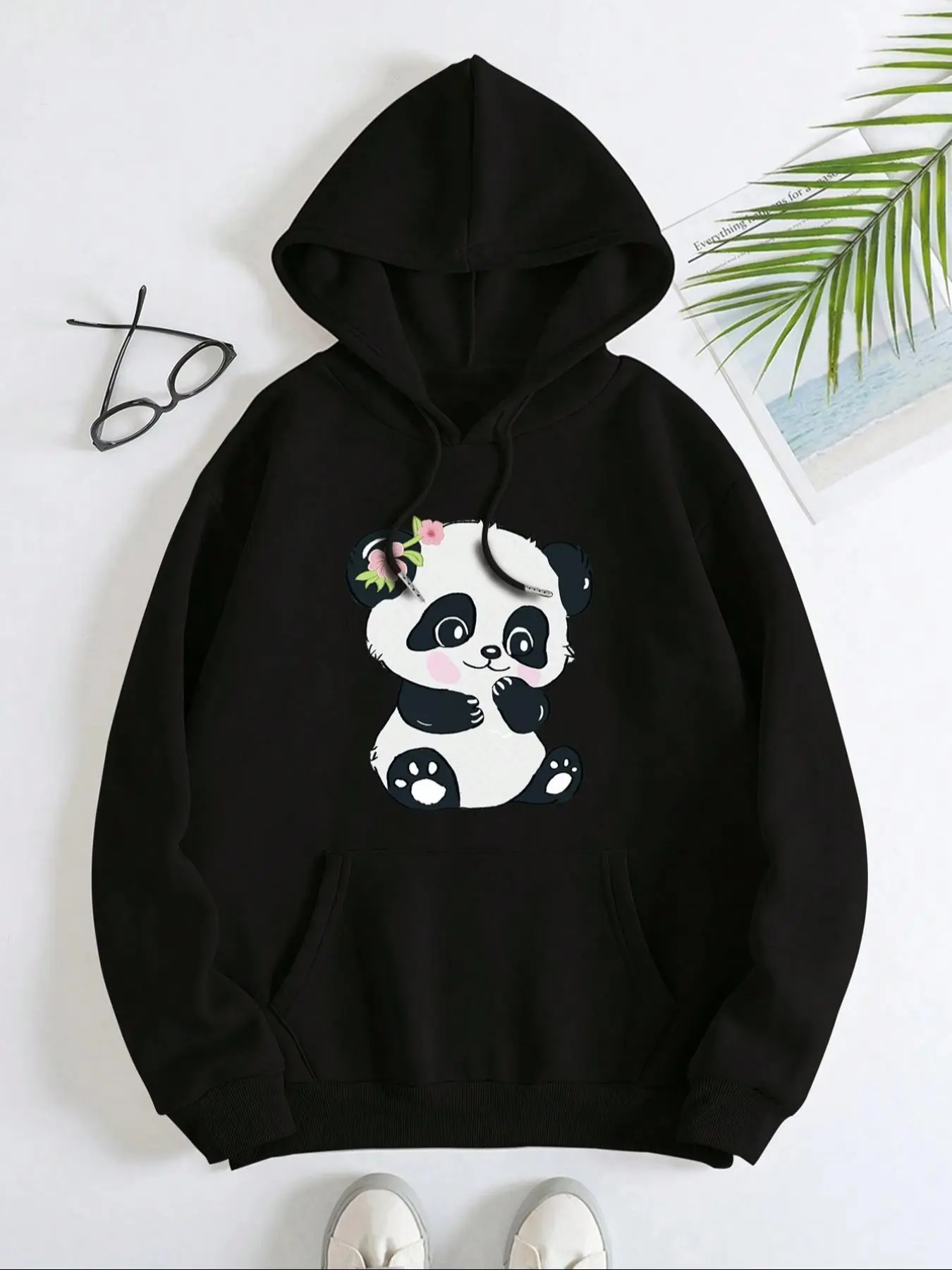 Women's Cartoon Panda Print Drawstring Pocket Fleece Hoodie, Casual Drop Shoulder Long Sleeve Hooded Sweatshirt, Ladies Fall & Winter Clothes for Daily Wear
