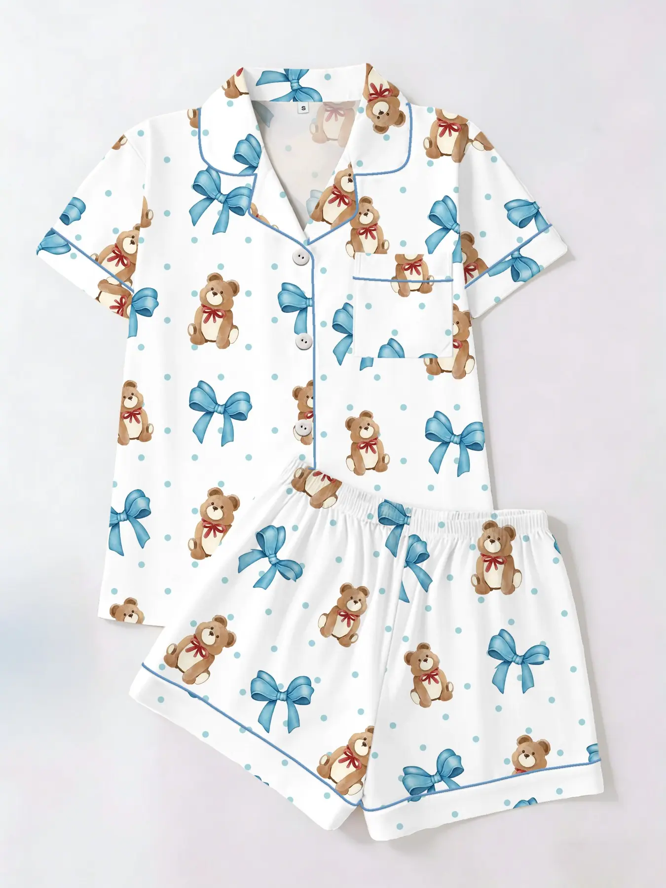 Cute Bear Butterfly Blue Bow Print Pajamas Set, Short Sleeve T-Shirt and Shorts Cardigan Two-Piece, Casual Home Wear for All Seasons