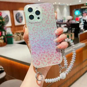 Colorful Gradient Leopard Print Protective Shockproof Phone Case Cover with Sparkling Beads Strap, Portable for iPhone 17 16 15 12 13 X/XS, Daily Use and Travel