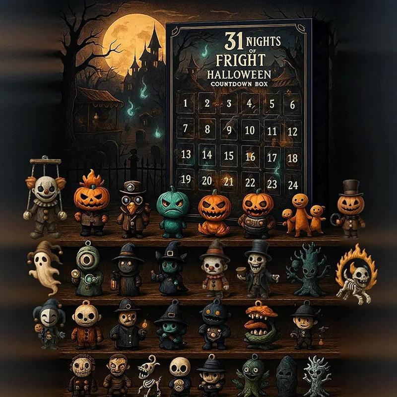 7/15/31 Nights of Fright Halloween Countdown Box 2025 - Halloween Spooky Advent Calendar Gift Set with Collectible Horror Figurines, Scary Ornaments & Party Decor for Adults, Teens, Haunted House Fans