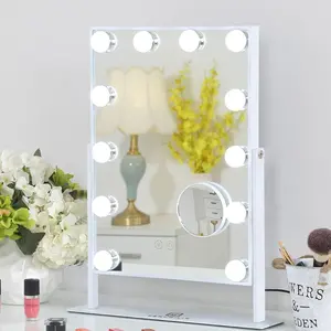 Mirror with Lights, 19''x12'' Makeup Hollywood Mirror for Desk with 12 Bulbs Light 3 Colors Dimmable Detachable 10X Magnification Tabletop 360 °
