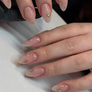 24pcs Medium Almond Nail Set, Star Pattern 3D Rhinestone Design, Glossy Acrylic False Nails, Easy Wear, DIY Nail Kit, Suitable for Women & Girls