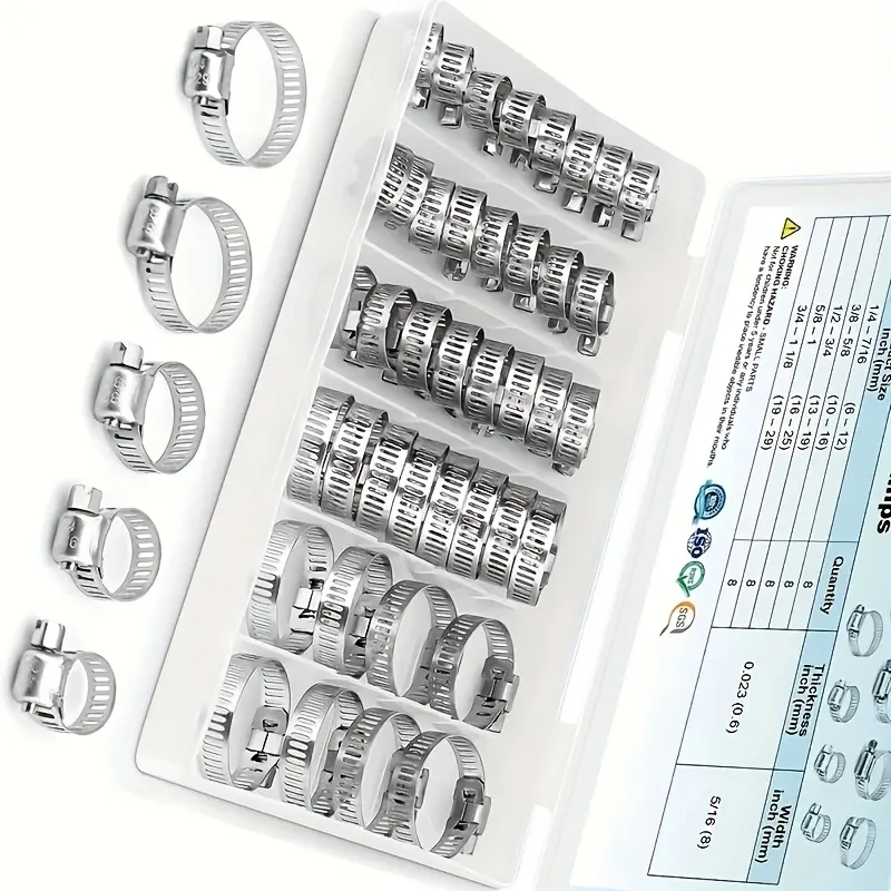 summerwins 40pcs Stainless Steel Worm Gear Adjustable Hose Clamp Assortment Kit, 0.25-1.125 in Size, Heavy Duty Corrosion Resistant for Automotive Pipes, Plumbing Tubing, Fuel Line Repair, 40Pcs Hose Clamp