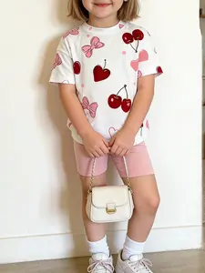 2Pcs Girls Cartoon Graphic Outfit Cute Sets Short Sleeve Cherry Bow Heart T-Shirt Top and Elastic Biker Shorts Set Toddler Kids Sport Clothes Summer Spring Children