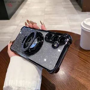 Glitter Stand with Four Corner Air Cushion Magnetic Holder And a Clear Electroplated Anti-Drop Protective Case for Samsung GALAXY S25 ULTRA S24 Plus S23 Fe , Compatible with iPhone 17 AIR 16 Promax 15 pro max case 14, iphone 13 cases, 12, 11