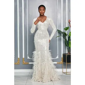 OSTRICH FEATHER BOTTOM CASCADE SEQUIN GOWN (CHAMPAGNE)