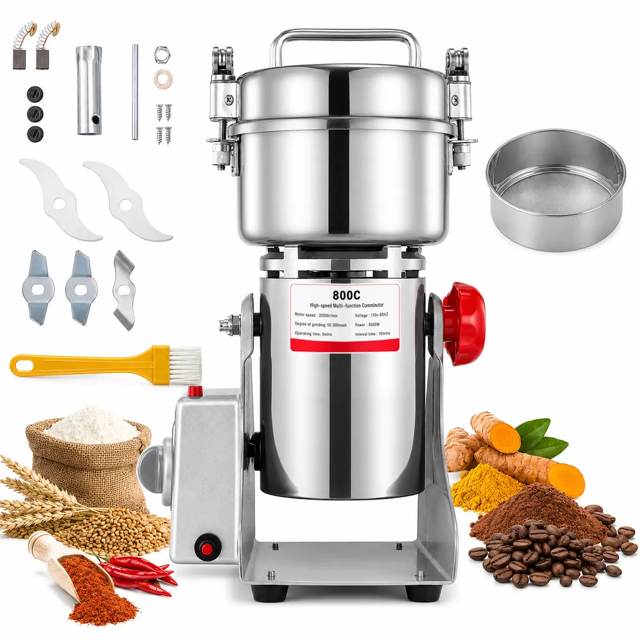 Electric Grain Mill Grinder, High-Speed Stainless Steel Spice Grinder for Coffee Beans, Grains, Spices & Seasonings, Multipurpose Dry Food Grinding Machine
