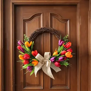 Tulip Front Door Wreath, Colorful Artificial Tulips, Burlap Bow, Woven Vine Wreath, Easter/mother's Day/home Decor, Party Decoration