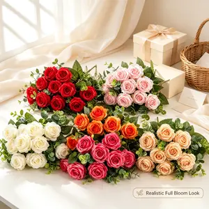 6-Color Realistic Silk-Like Faux Rose Bouquet, 11 Stems with Eucalyptus Leaves, UV-Resistant Colorfast Artificial Flowers, Ideal for Farmhouse Table Vase & Indoor-Outdoor Home Decor