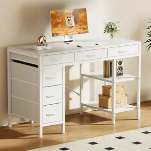 47 Inch Computer Desk with 6 Drawers, Reversible Office Desk with Shelves, Gaming Desk with Storage, Corner Desk for Home Office, Study, Living Room
