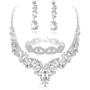 Bridal Jewelry Set for Women Rhinestone Wedding Necklace Bracelet Dangle Earrings for Bride Bridesmaid Prom Jewelry Accessories Chain