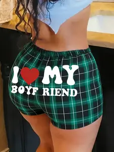 "I ❤️ MY BOYFRIEND" Plaid Shorts Set, Green Plaid & Red Plaid Elastic Waist Casual Loungewear Nightwear, Womenswear Y2K Streetwear for Daily Wear & Relaxation, Trendy Cute Pajama Bottoms Pjs (2 Colors)