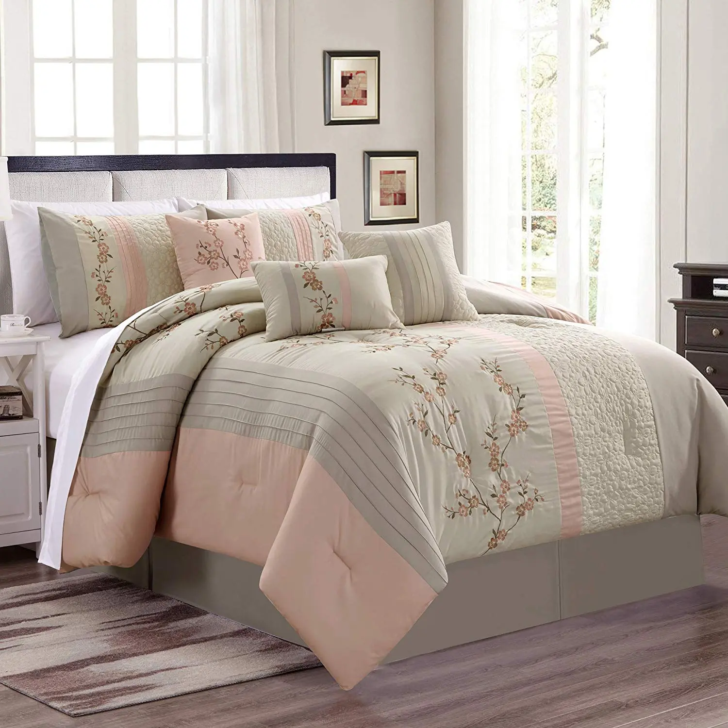 Linnea 7-Piece Cherry Blossom Floral Embroidery Comforter Set