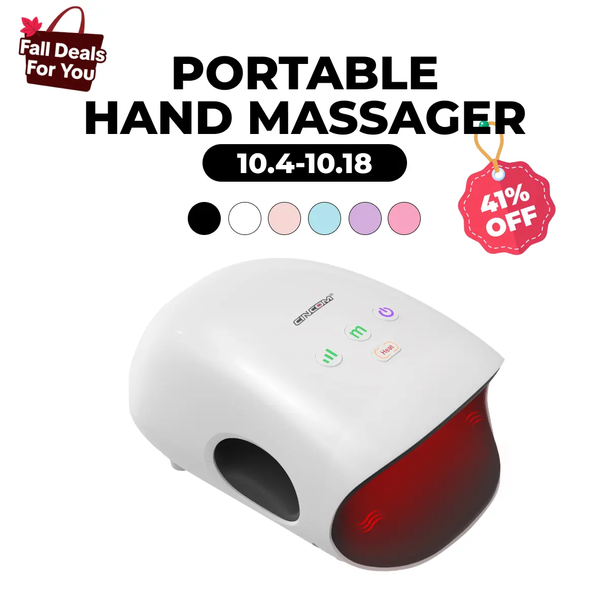 CINCOM Portable Hand Massager - 2500mAh Battery Powered, Cordless, Advanced Airwave Technology, Customized Modes, Heating Function, Auto-Off, Portable Pain Relief, Relaxing Christmas Gifts, White, Dorm Essential