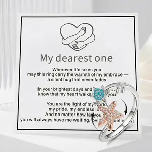 Fidget Spinner Anxiety Ring – Rotating Starfish & Turtle Adjustable Open Stainless Steel Ring – Stress Relief Gift for Her (Girlfriend/Wife/Best Friend) + Message Card Moissanite Rings
